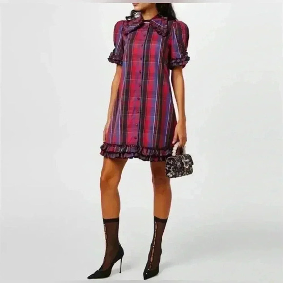 The Vampire's Wife Courage Dress Tartan Cotton Ruffle Puff Sleeve Poplin 12 8 US - Picture 1 of 9